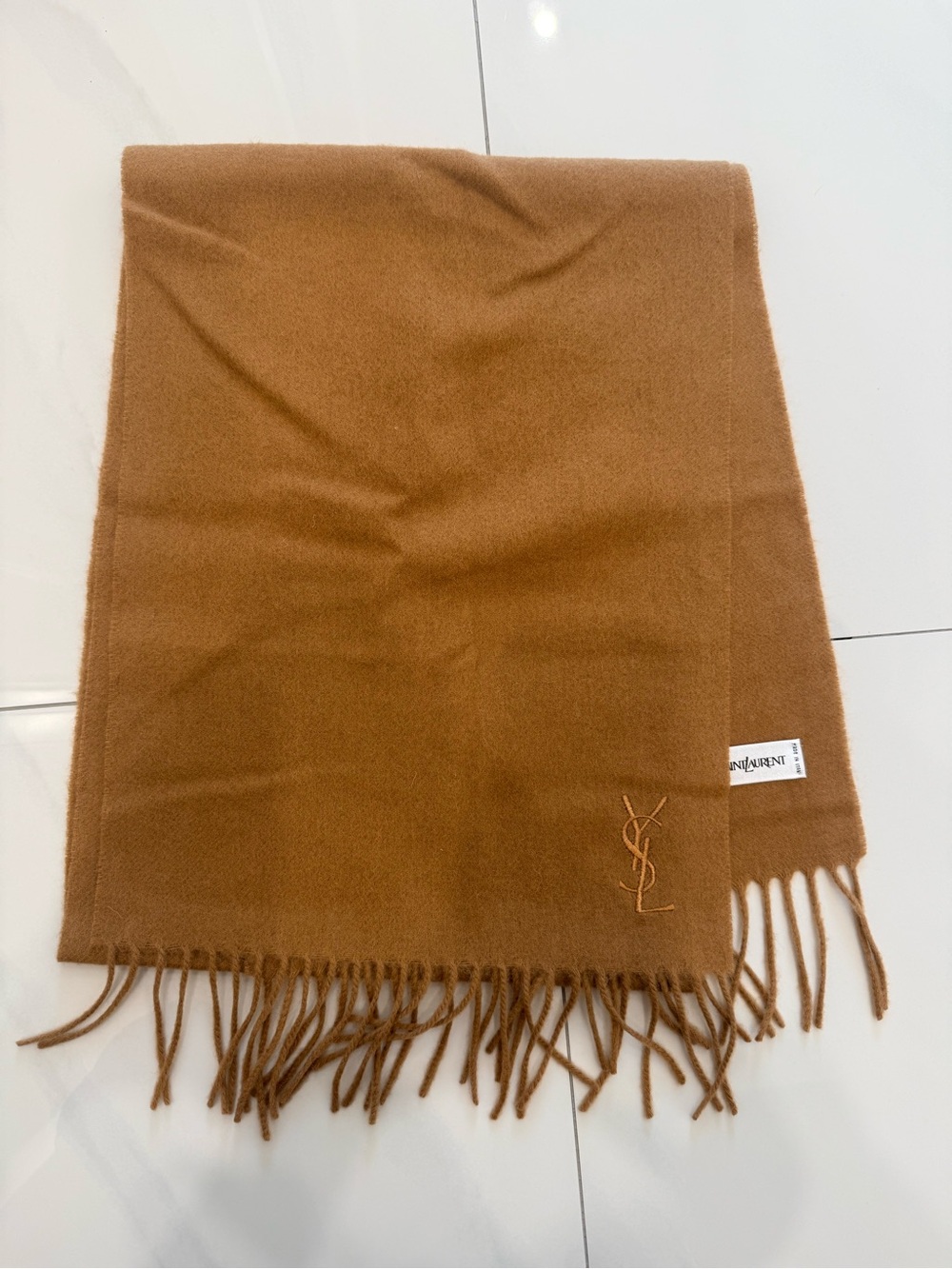 Yves Saint Laurent Camel Brown Wool Scarf with YSL Monogram Fringe